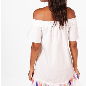 Boohoo Off The Shoulder Beach Dress in denim blue